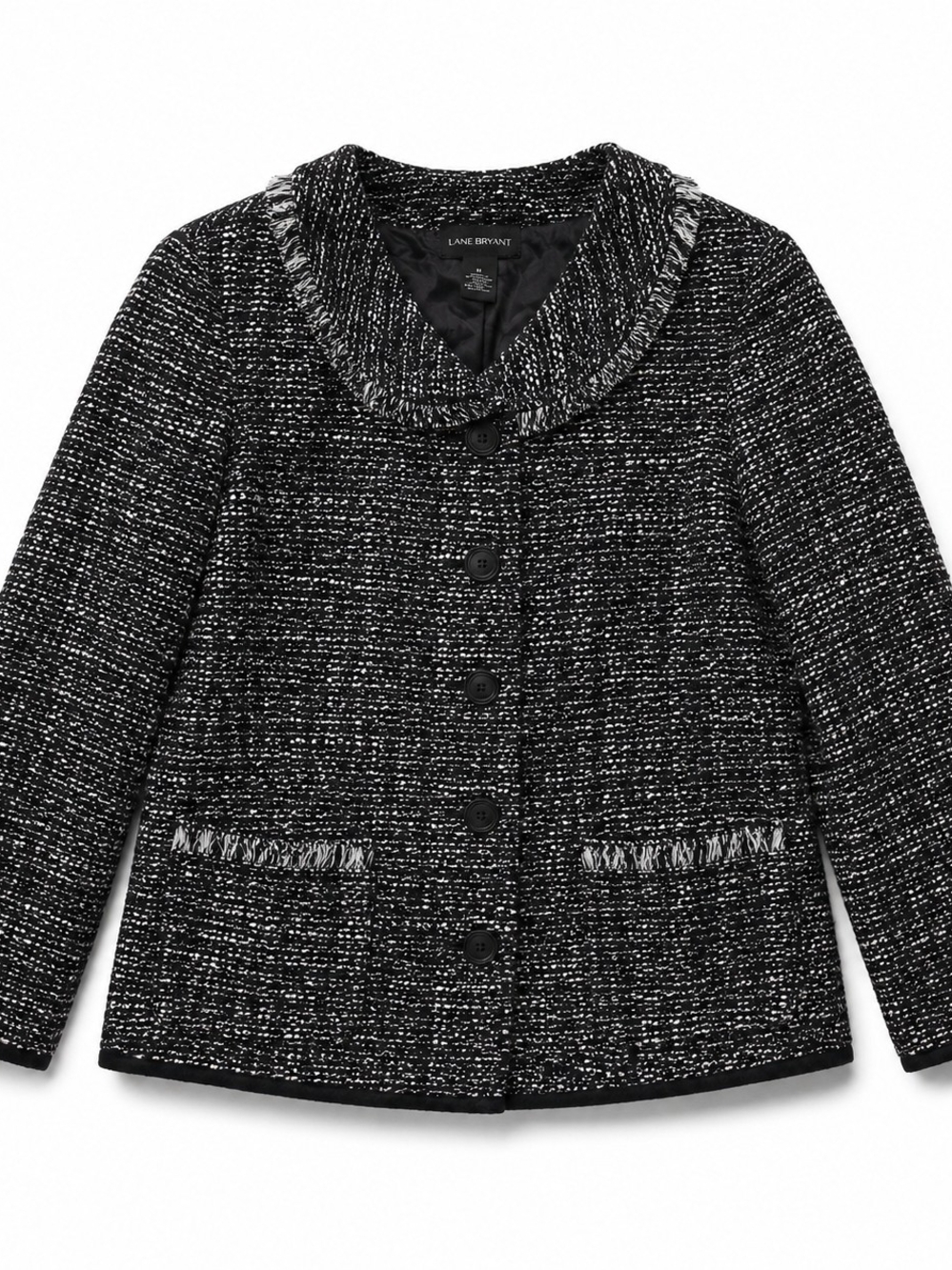 Lane Bryant Womens 14 Black White Tweed Jacket Fringe Career Blazer Lined